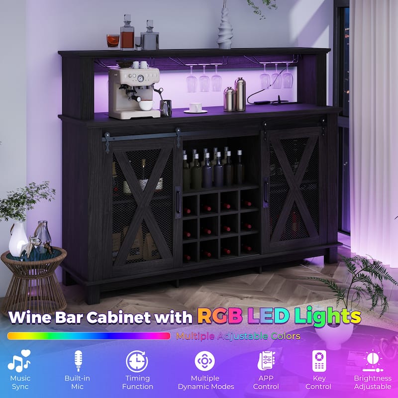 EROMMY Farmhouse Coffee Bar Cabinet with LED Lights, Sliding Barn Door, Wine Racks and Glass Holder, Home Liquor Cabinet