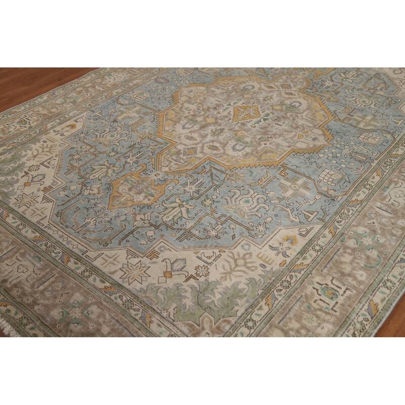 Geometric Blue Tabriz Persian Area Rug Handmade Blue Wool Carpet - 6'7"x 9'8"