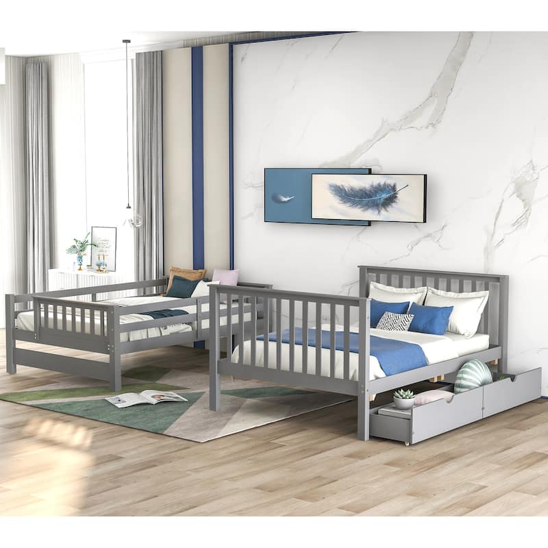 Full Over Full Bunk Bed with Shelves and Drawers