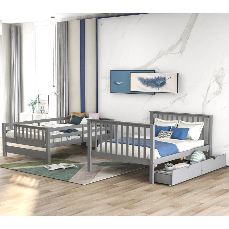 Heavy Duty Wood Bunk Bed Full Over Full Superior Quality Bunk Bed 2 Drawers and Storage Stairs and Side Shelves - Grey