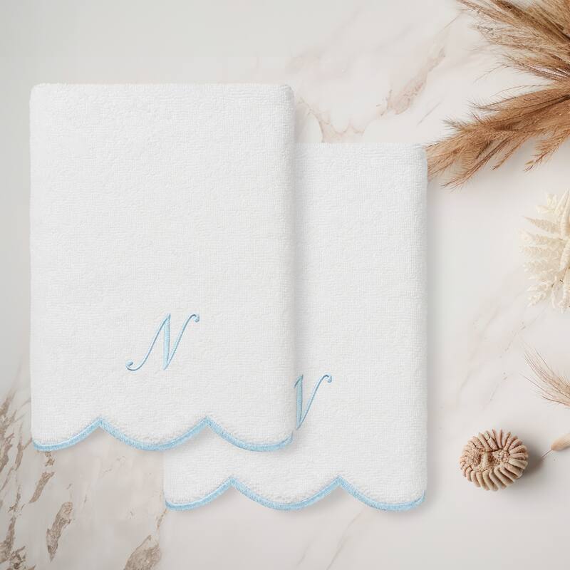 Authentic Hotel and Spa 100% Turkish Cotton Blue ADORNIA Scallop Personalized 2 Piece Hand Towel Set - 2 Hand Towels