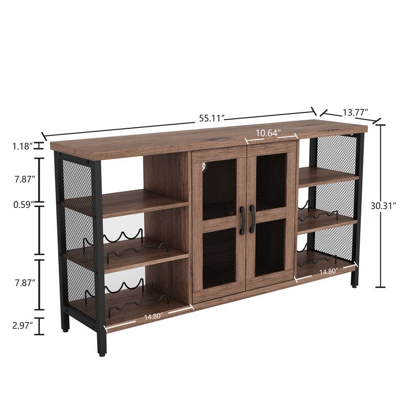 Industrial Wine Bar Cabinet Wood Buffet Cabinet Wine Rack Sideboard - 55“W