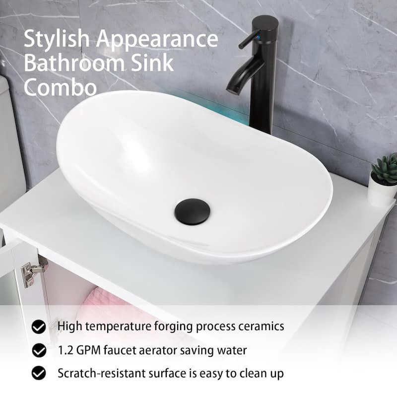 24" Bathroom Vanity White Set Glass/ Ceramic Vessel Sink Cabinet Faucet Drain Free Standing Combo