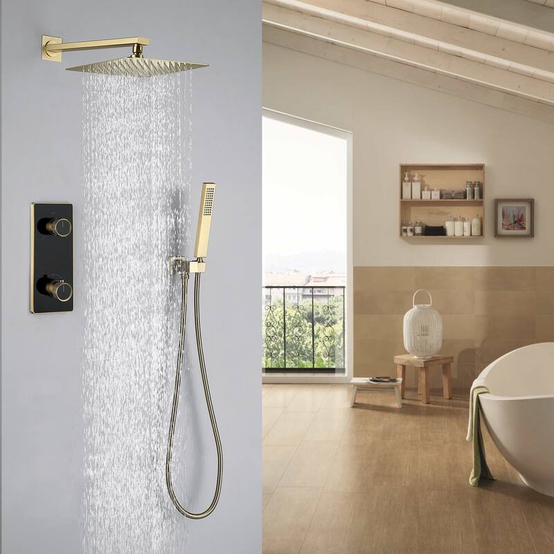 2 Functions Black/Gold Shower System with 10'' Rotatable Shower head and High-pressure Handheld - Brushed Gold