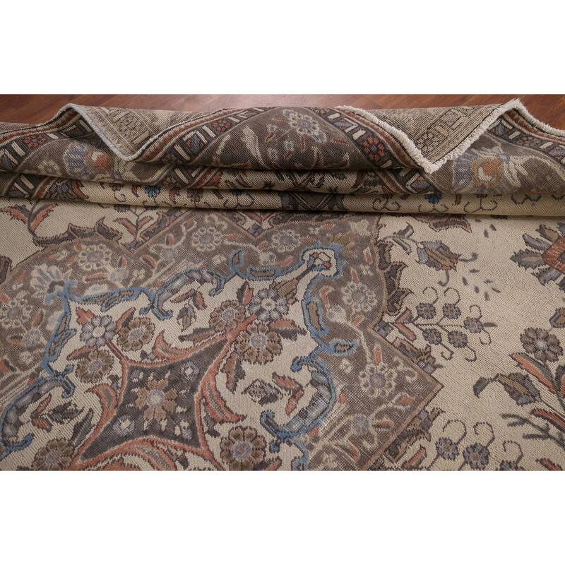 Beige Tabriz Vintage Persian Area Rug Handmade Wool Carpet - 9'6" x 12'7"