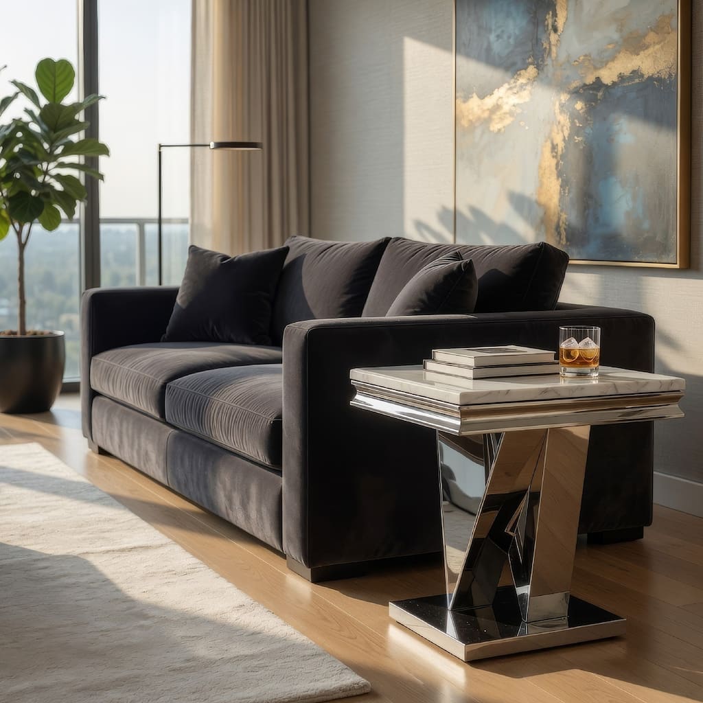 Vily Side End Table, 24 Inch Faux Marble Top, V-Style Chrome Pedestal