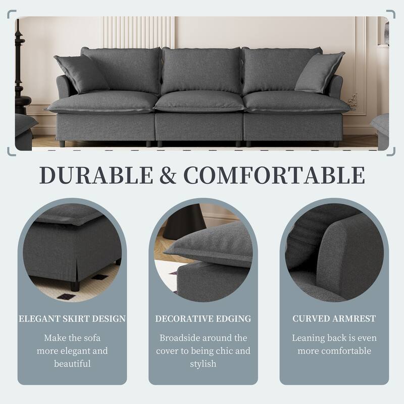 94" Chenille 3-Seater Sofa Modular Sectional with Pocket Springs & 2 Throw Pillows