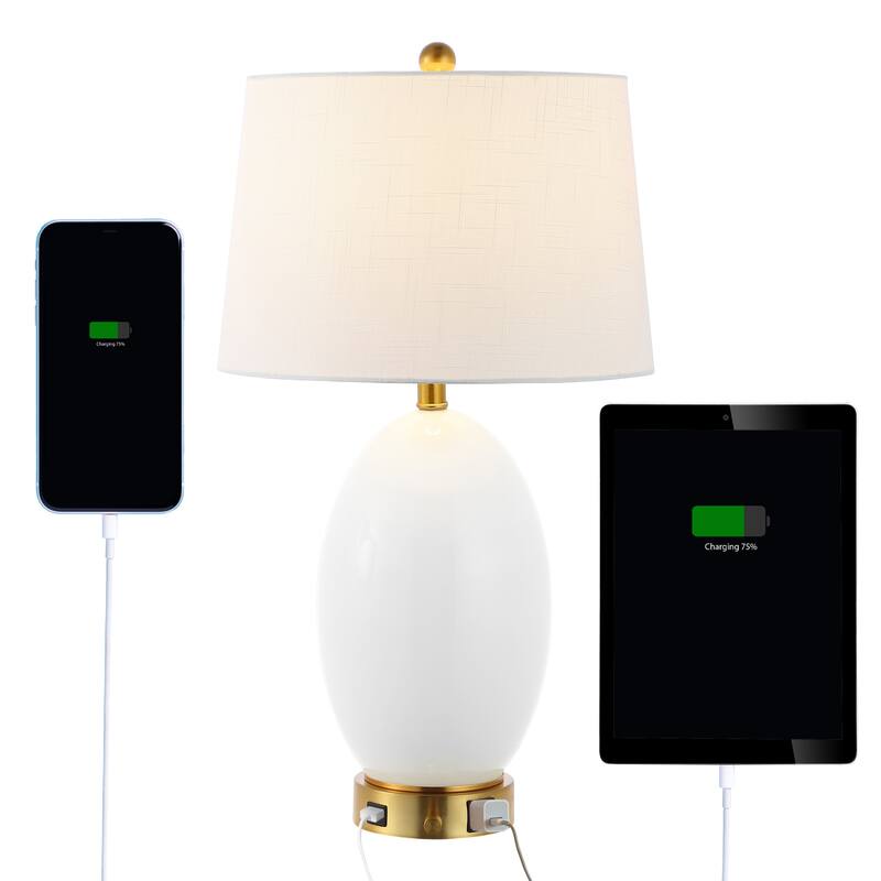 Alexander 26.5" 1-Outlet Contemporary Style Iron/Glass LED Table Lamp with USB Charging Port, by JONATHAN Y