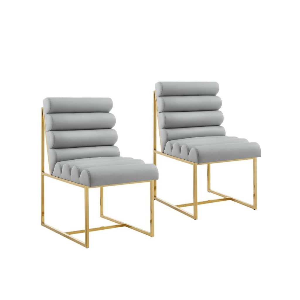 Set of 2 Modern Faux Leather Armless Dining Chairs with Gold Steel Legs and Tufted Back for Living Room - 37”H x 27.8”W x 19.8”D