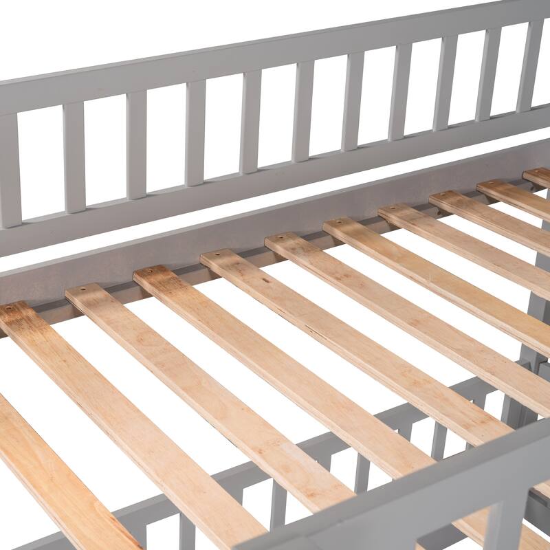 Twin-Over-Twin Bunk Bed with Slide Ladder & Slide, Solid Wood Low Bunkbed Frame w/Guardrail for Kids Teens, No Box Spring Needed