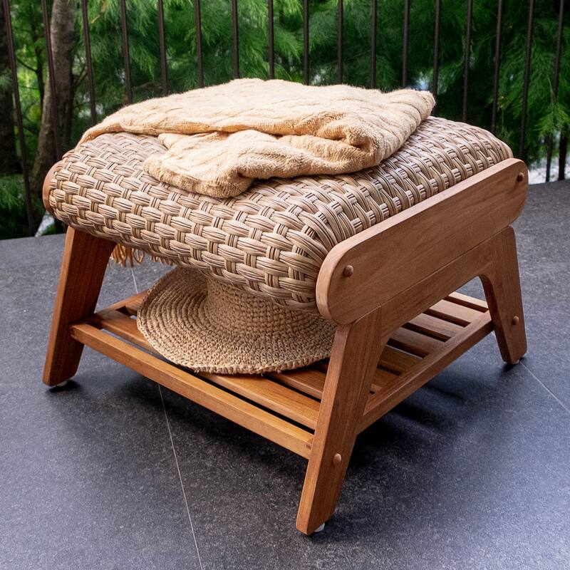 Cambridge Casual Camden Teak Outdoor Ottoman with Padded Woven Seat - Natural Teak/Beige Wicker