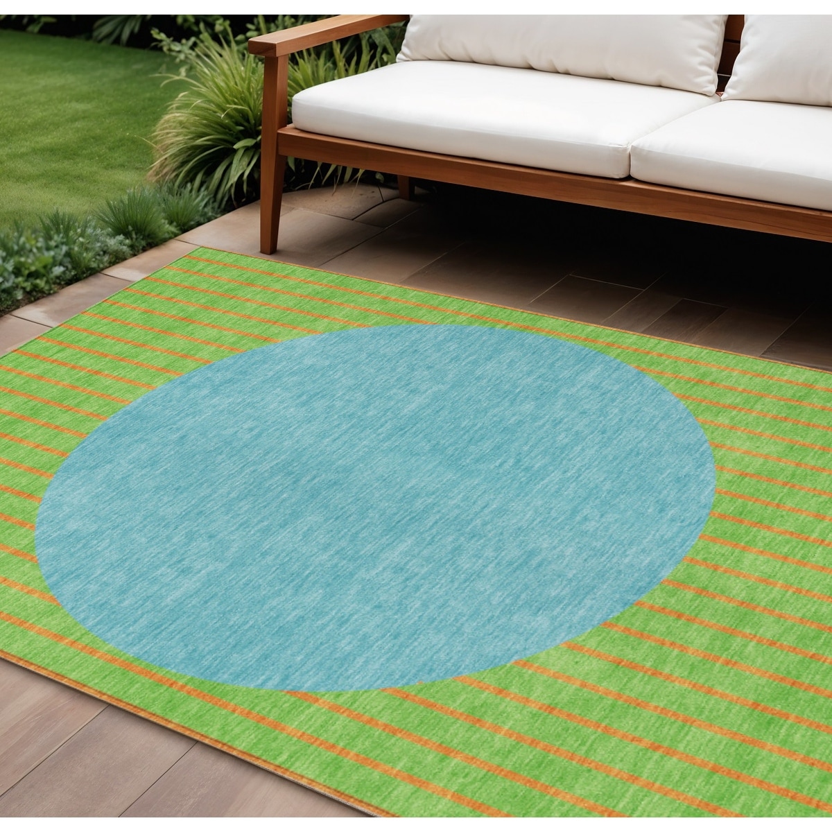 9' X 12' Lime Green And Blue Striped Washable Indoor Outdoor Area Rug - 9' x 12'