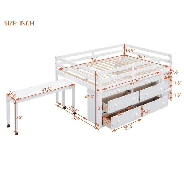 White Full Size Solid Wood Loft Bed with Retractable Writing Desk and Side Movable Desk, 4 Drawers, Open Shelves