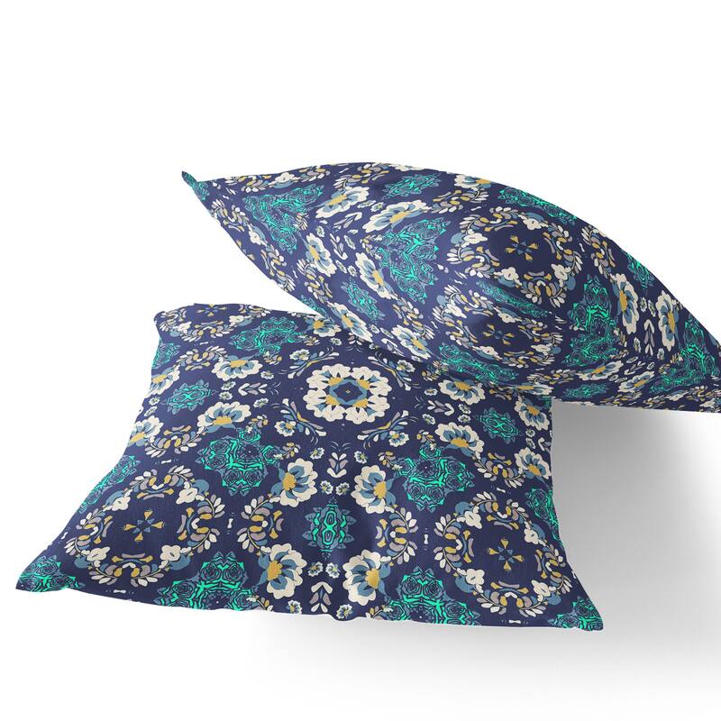 HomeRoots Set of Two 16" X 16" Blue and White Blown Seam Floral Indoor Outdoor Throw Pillow - 16.00' X '16.00' X '5.00