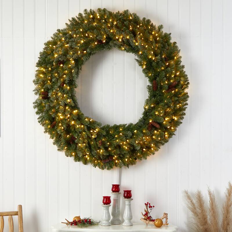 Frosted Artificial Christmas Wreath with Pinecones, 60-Inch, Clear LED Lights