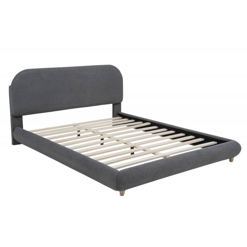 Low-Profile Queen-Size Platform Bed with Soft Fleece Upholstery, Modern Wood Frame, Gray