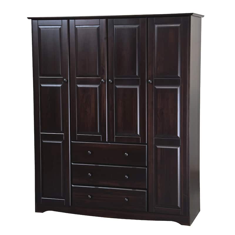 100% Solid Wood Wardrobe Armoire, 4-Door Closet Storage Cabinet with Drawers and Raised Panel Doors, Family, Palace Imports
