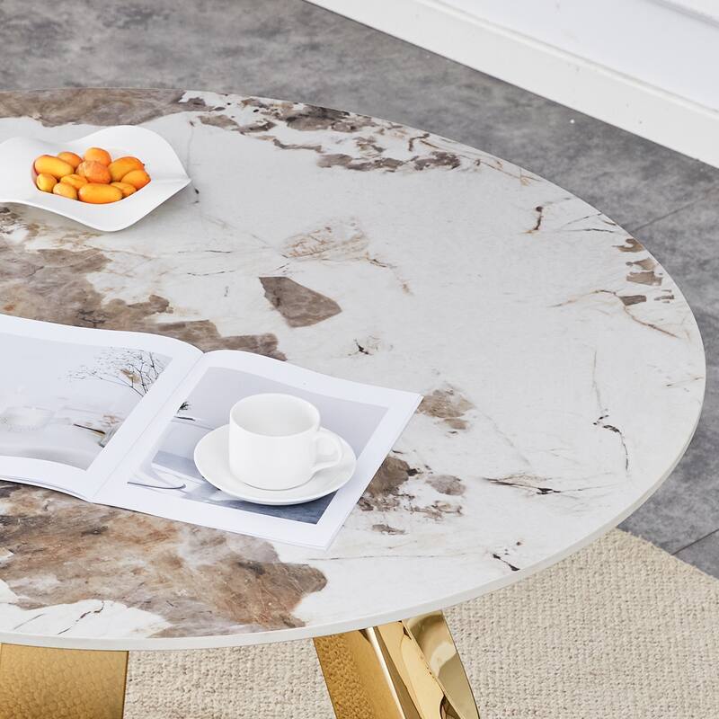 Roomfitters 42" White Pattern Sintered Stone Dining Table with Gold Legs, Round Table for 2 to 6, White