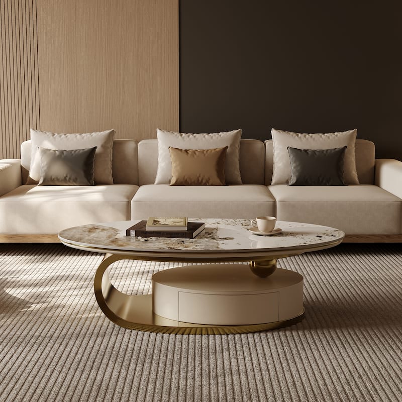51" Modern Oval Coffee Table, Sintered Stone Top, Gold legs, Drawer - 51.2" X 27.5"