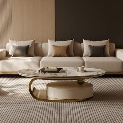 51" Modern Oval Coffee Table, Sintered Stone Top, Gold legs, Drawer - 51.2" X 27.5"