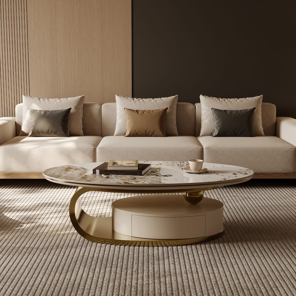 51" Modern Oval Coffee Table, Sintered Stone Top, Gold legs, Drawer - 51.2" X 27.5"