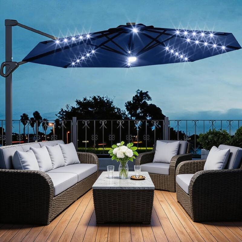 10FT Outdoor Cantilever Umbrella, 360-Degree Rotation, with LED - Navy Blue