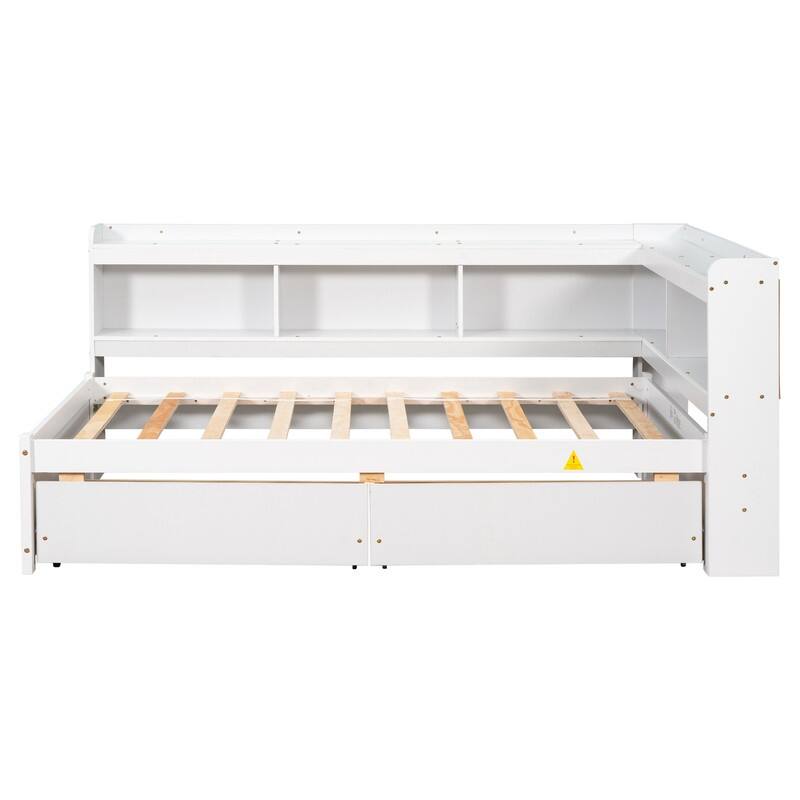 White Twin Bed with L-Shaped Bookcase, 85.2''L*50.4''W*36.7''H, 147.7LBS