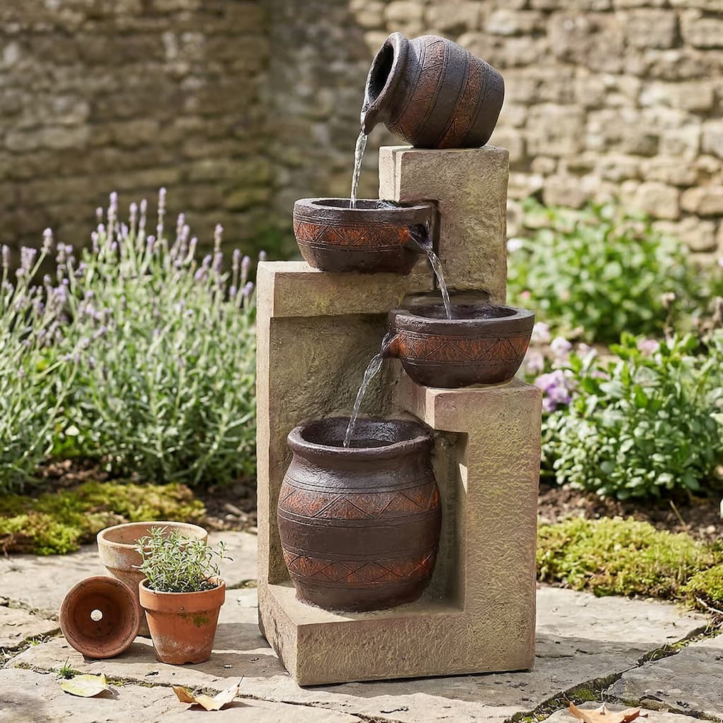 30" Cascading Terra Bowls Solar Outdoor Water Fountain w/ Battery/ LED