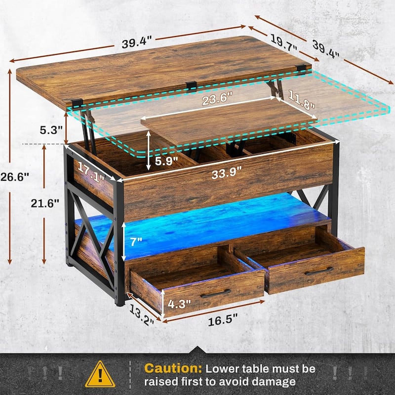 Coffee Table Lift Top 2 Drawers Hidden Compartment for Living Room