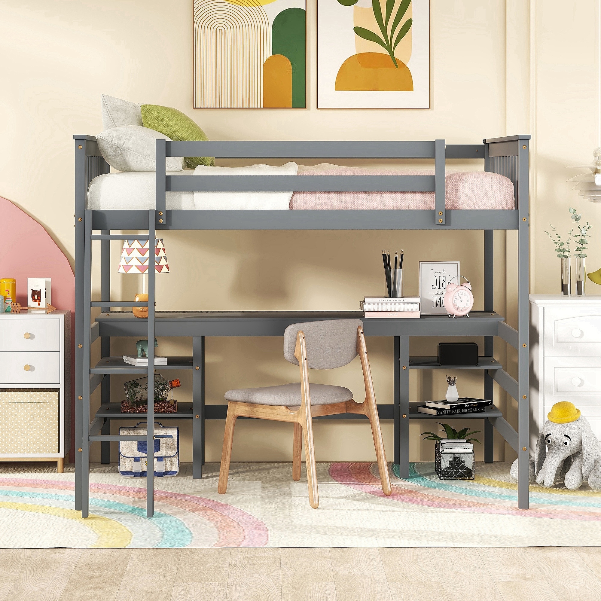 Loft bed with store vanity and desk