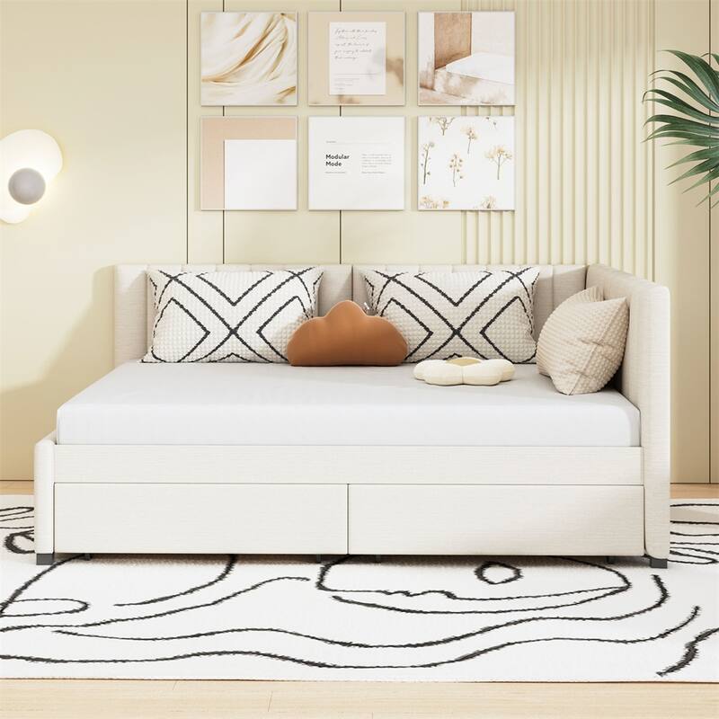 Full Size Upholstered Linen Fabric Daybed with 2 Storage Drawers