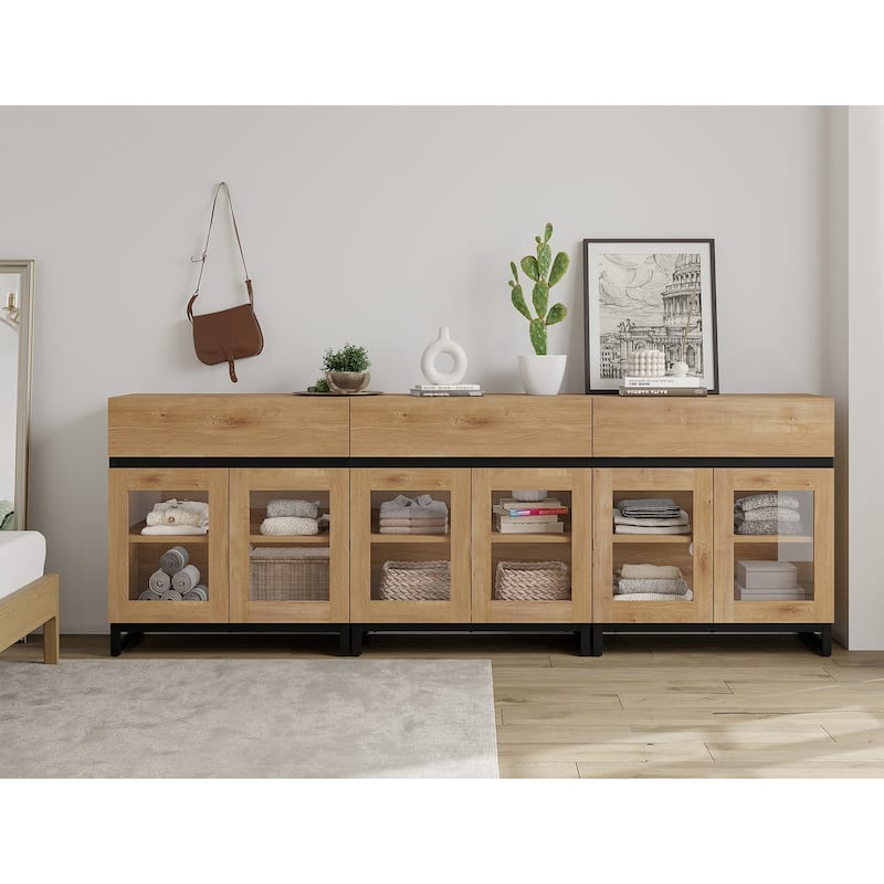 Modern Dresser With Glass Doors, Drawer, And Adjustable Shelf - Multifunctional Storage Cabinet For Living Room Or Bedroom - Oak - 3-drawer