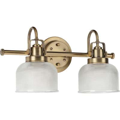 Archie Collection Two-Light Vintage Brass Clear Double Prismatic Glass Coastal Bath Vanity Light - 17 in x 7.25 in x 8.75 in