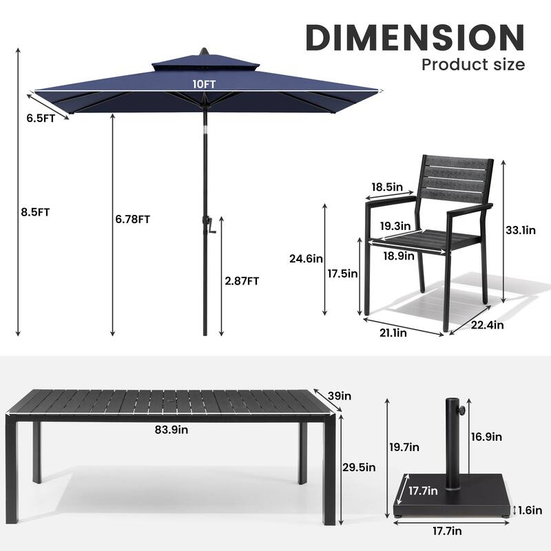 9/11-Piece Outdoor Patio Dining Set Aluminum Dining Table and Stackable Chairs w/10 ft Market Umbrella and Base