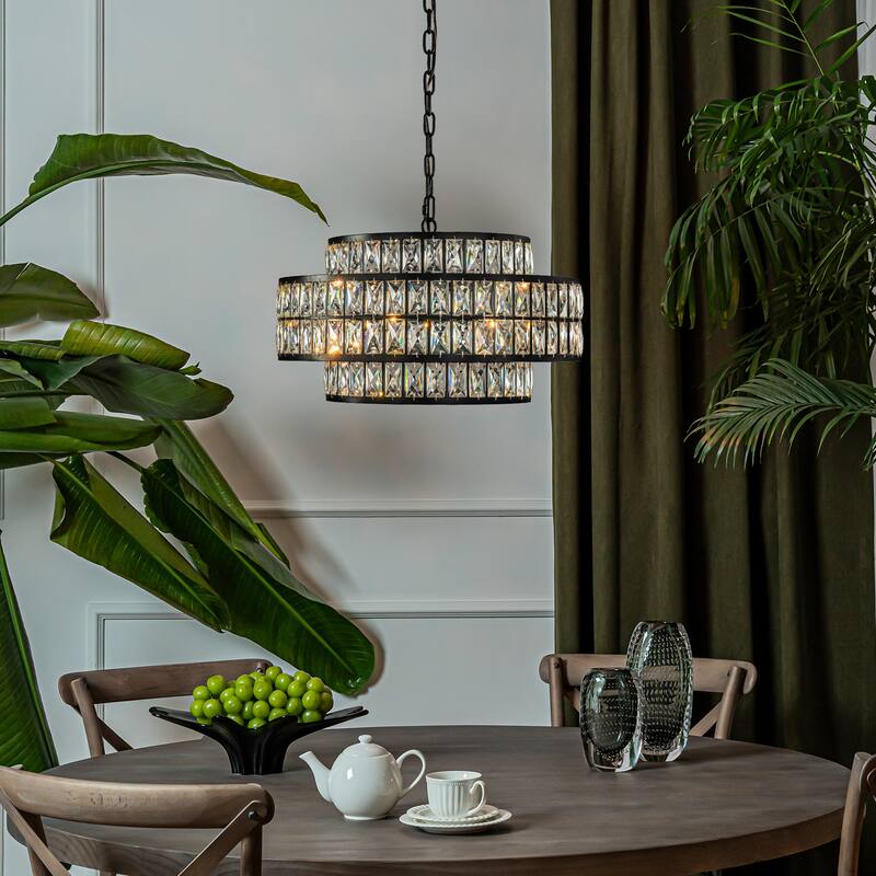 Modern Crystal Chandelier Matte Black Finish Tiered Drum Pendant Light for Small Spaces Dining Room Entryway