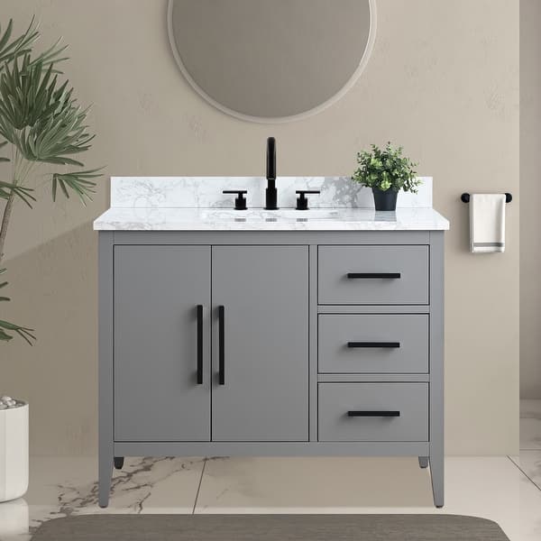 slide 2 of 4, Vanity Art 42" Single Sink Bathroom Vanity Cabinet with Engineered Marble Countertop 42"/Matte Black Handle - Cashmere Gray