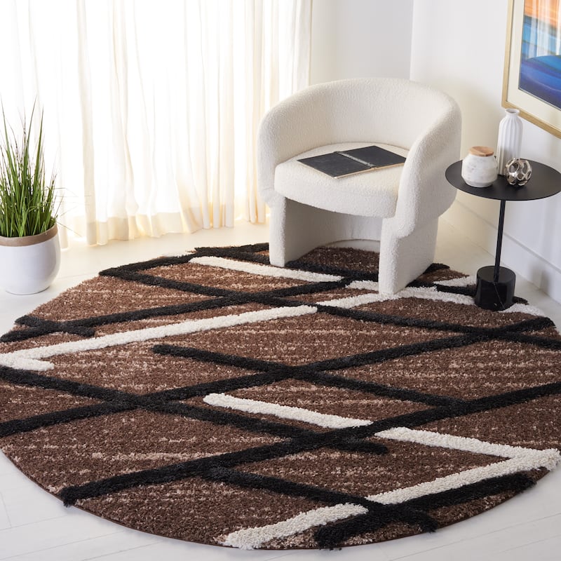 SAFAVIEH Hi-Lo Shag Inka Modern 1.6-inch Thick Rug - 6'7" Round - Brown/Ivory Charcoal