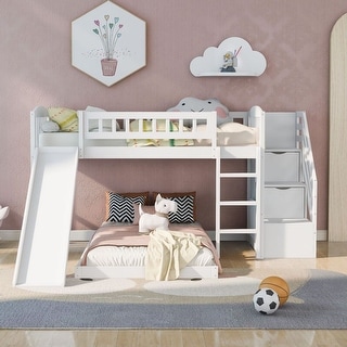 White Stairway Twin Over Twin Bunk Bed with Two Drawers and Slide