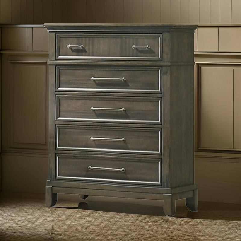Ston 49 Inch Tall Dresser Chest, 5 Drawers, Pewter, Crown Molding, Gray