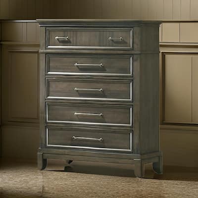 Ston 49 Inch Tall Dresser Chest, 5 Drawers, Pewter, Crown Molding, Gray