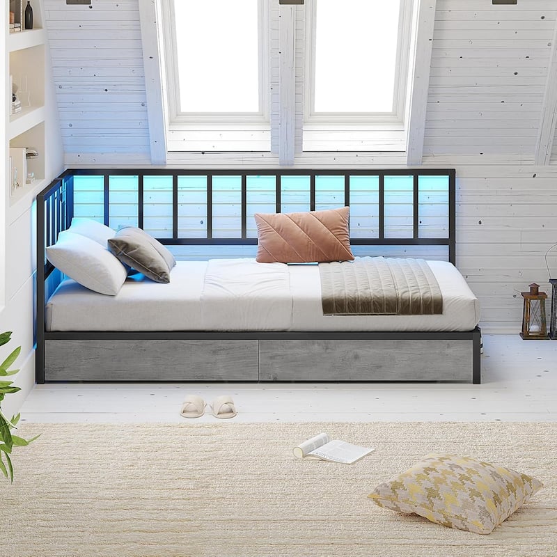 Daybed with 2 Drawers Platform Bed Frame LED Light Charging Station