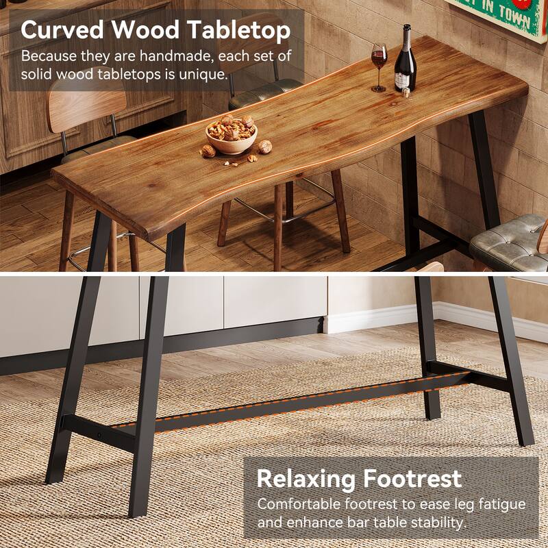 Solid Wood Bar Table, 55.1-Inch Counter Height Pub Table with Sturdy Metal Frame