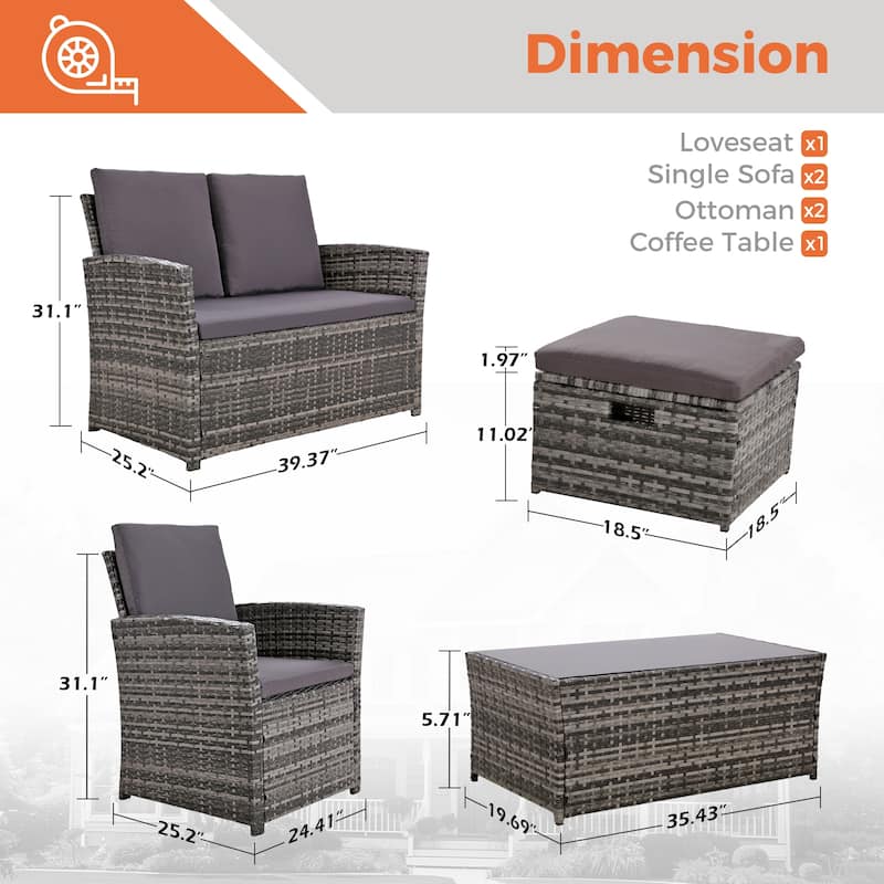 6pcs Wicker Patio Conversation Set Seating Loveseat Sofa with Ottomans