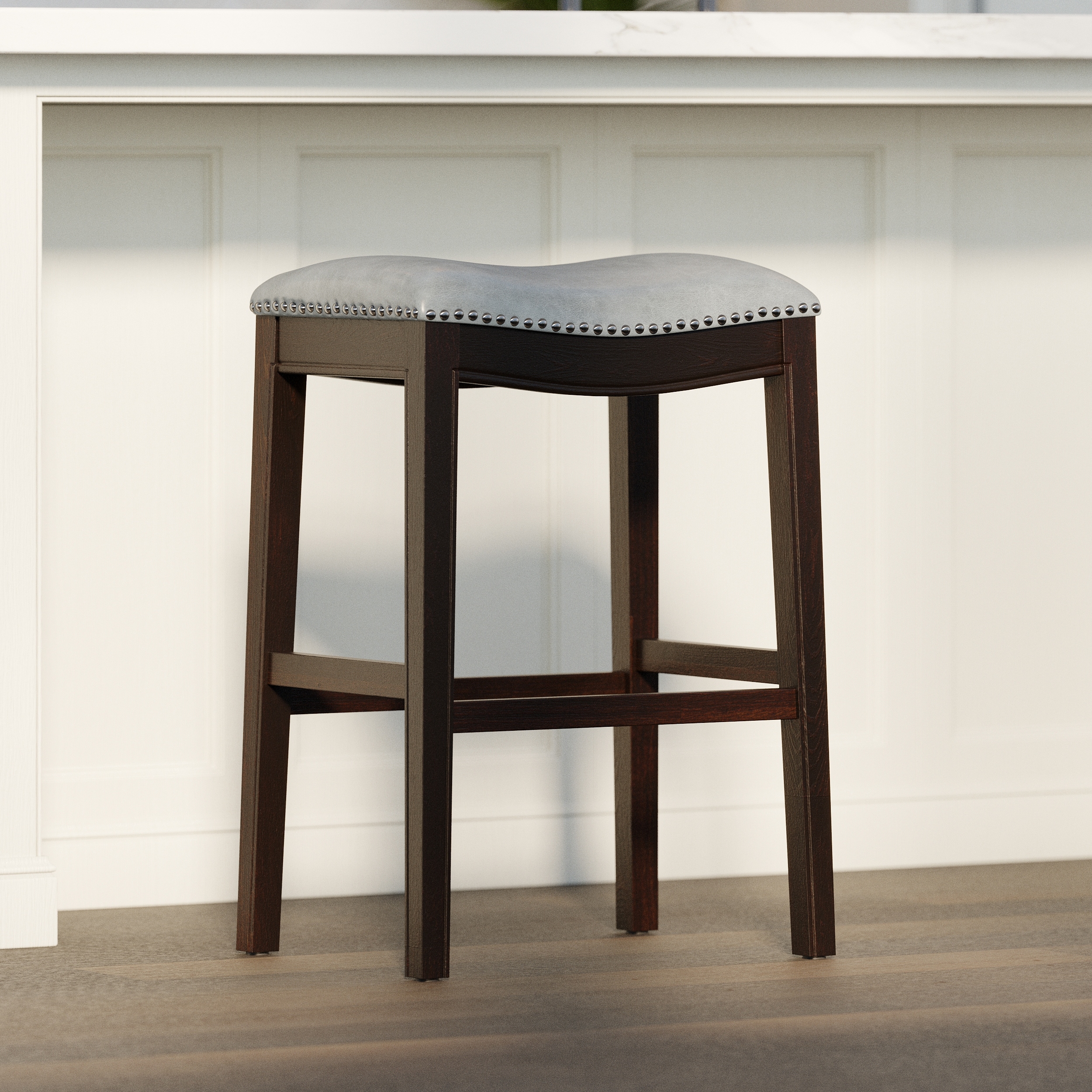 Farmhouse 31" Upholstered Bar Stool with Wood Frame, Saddle Seat & Nailhead Trim by GDFStudio