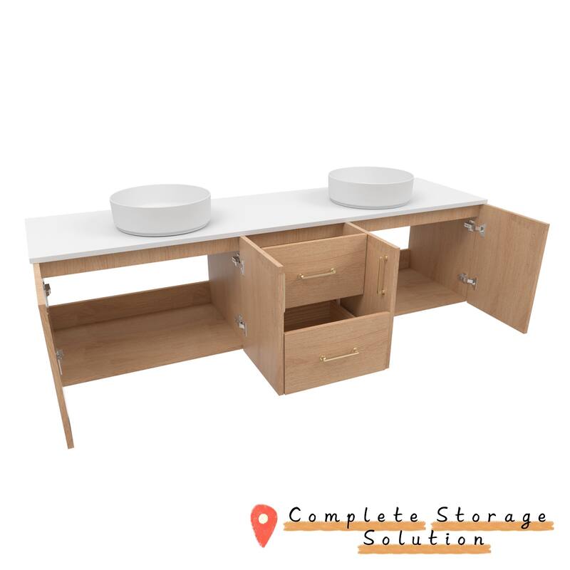 Prismella 60" 72" 84" Floating Vanity with Round Vessel Sink, Quartz Top