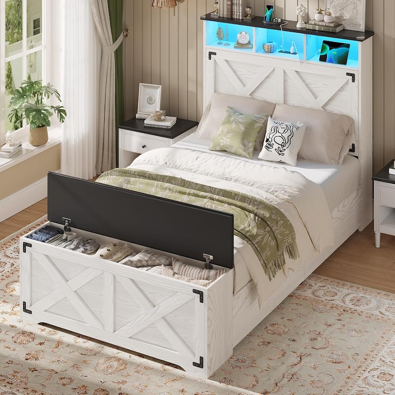 Bed Frame with Storage Ottoman Charging Station and Led Light - Walnut White - Twin