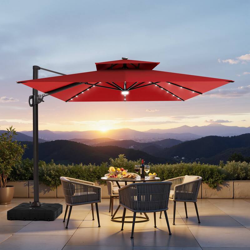 9 x11 FT LED Lighted Cantilever Patio Umbrella Double Top Rectangle with Base - Red
