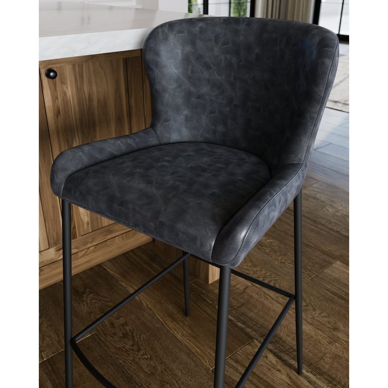 Maven Lane Naomi Metal and Vegan Leather Kitchen Dining Stool - Matte Black Finish - Bar Height