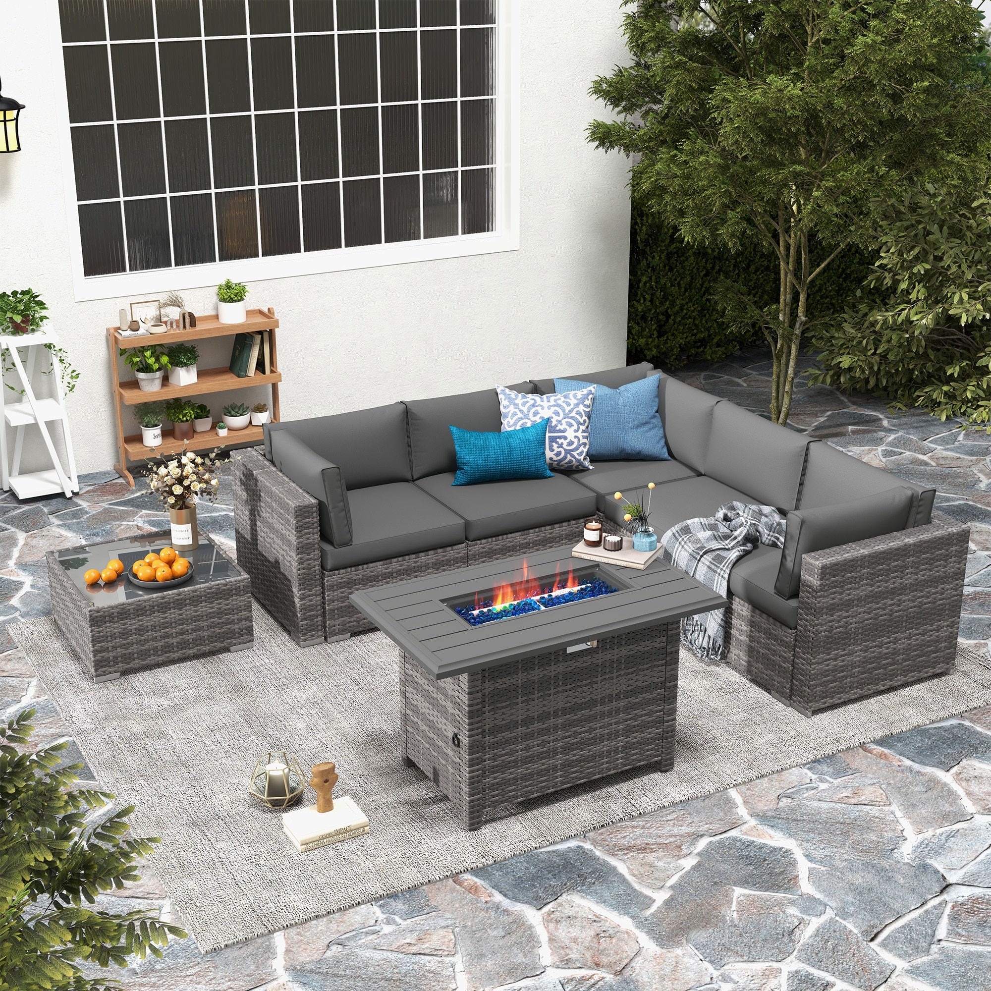 7 Piece Wicker Set Patio Sofa Furniture with Fire Pit And Table