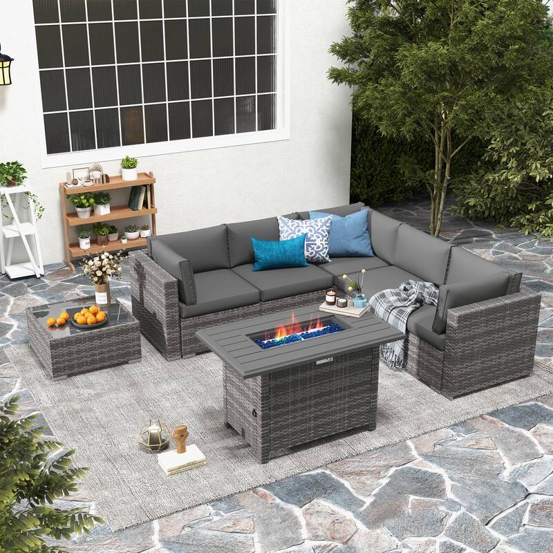 7 Piece Wicker Set Patio Sofa Furniture with Fire Pit And Table - Dark Grey